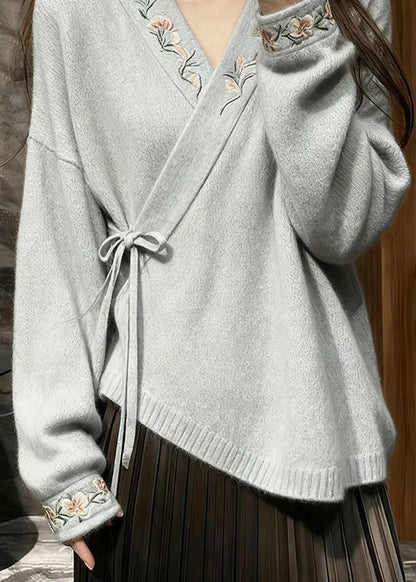 Grey Florallace Up Knit Sweaters V Neck Fall