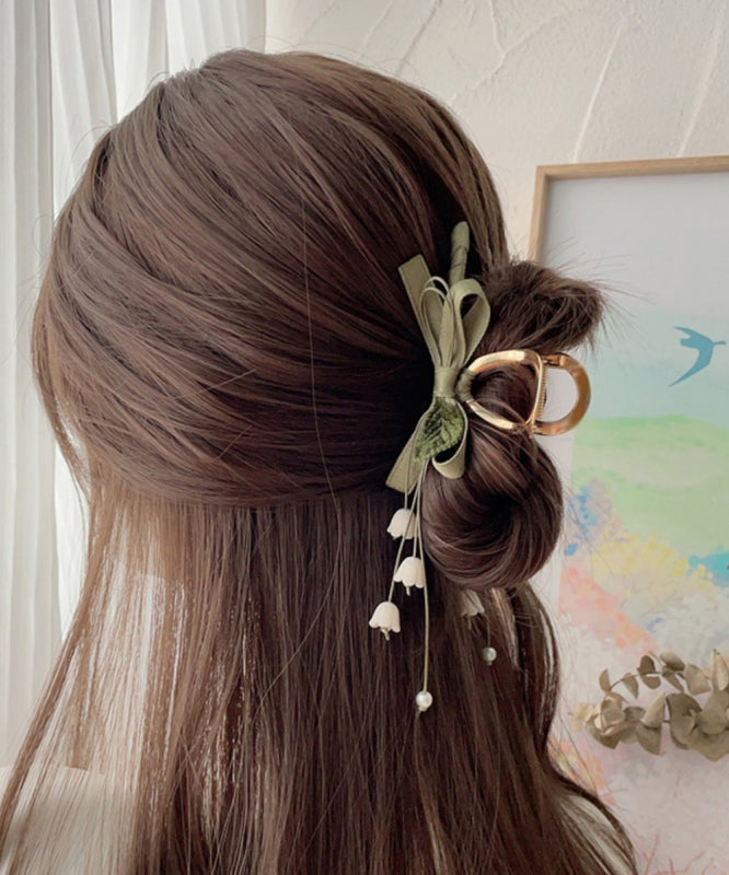 Army Green Alloy Cloth Bow Lily of the Valley Tassel Hairpin