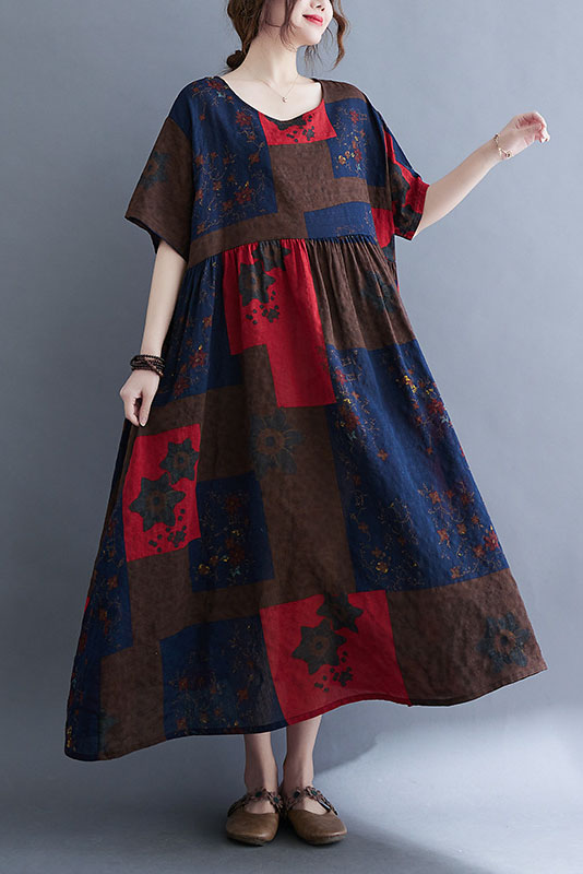 Summer Short Sleeve Dress Geometric Print Long Dress
