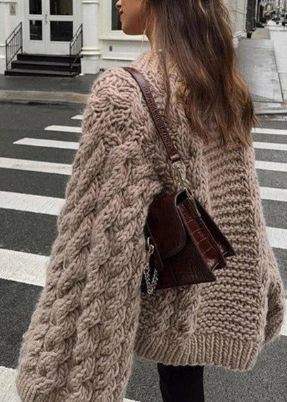 Khaki O Neck Knitted Sweaters Flare Sleeve
