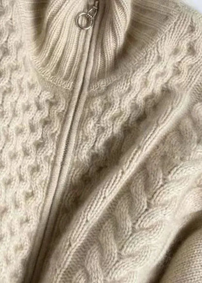 Diy Beige Zip Up Woolen Knitted Tops Coat Winters