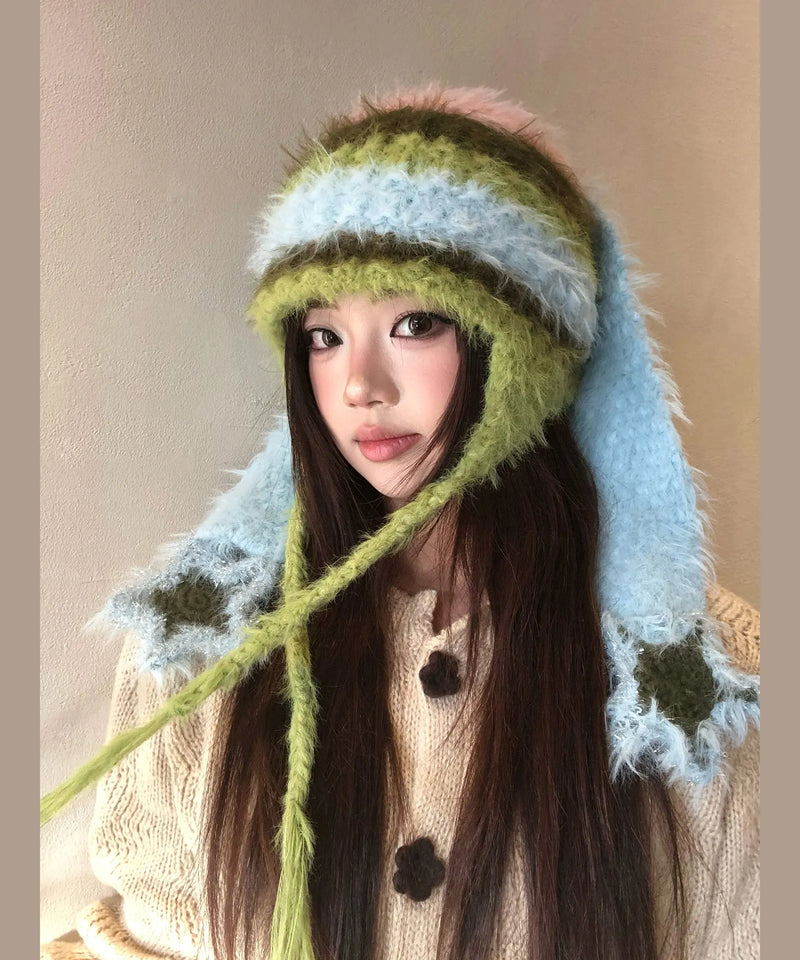 Colorblock Striped Fur Knit Bonnie Hat