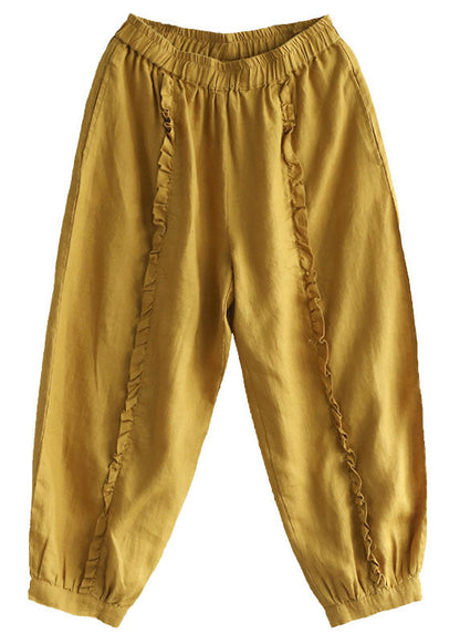 Yellow Elastic Waist Ruffled Pockets Linen Harem Pants Summer