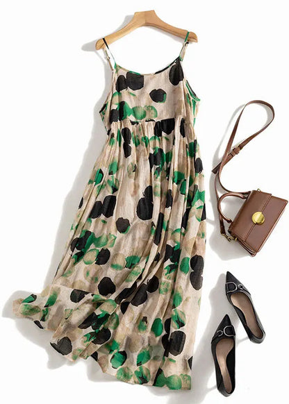 Green Tie Dye Dot Print Exra Large Hem Linen Spaghetti Strap Dress Summer