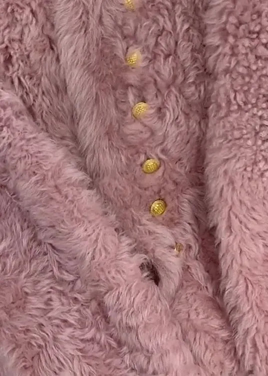 French Pink O-neck Button Faux Fur Coats Spring