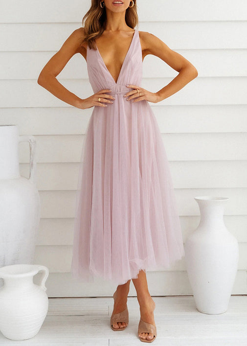 Pink V Neck Wrinkled Patchwork Tulle Dresses Sleeveless