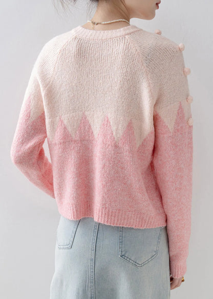 Pink O Neck Fuzzy Ball Decorated Knit Cardigans Spring