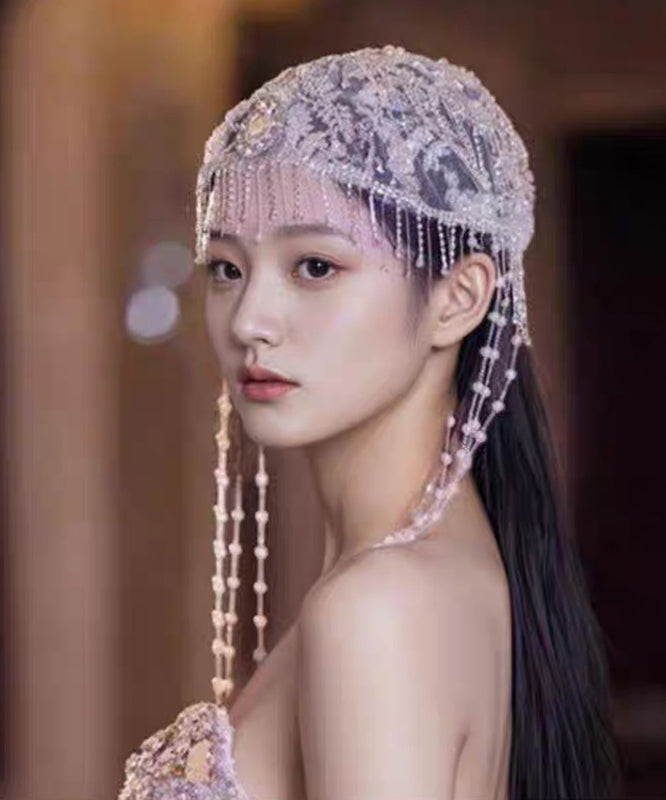 Purple Tulle Zircon Hollow Out Beading Tassel Hair Accessory