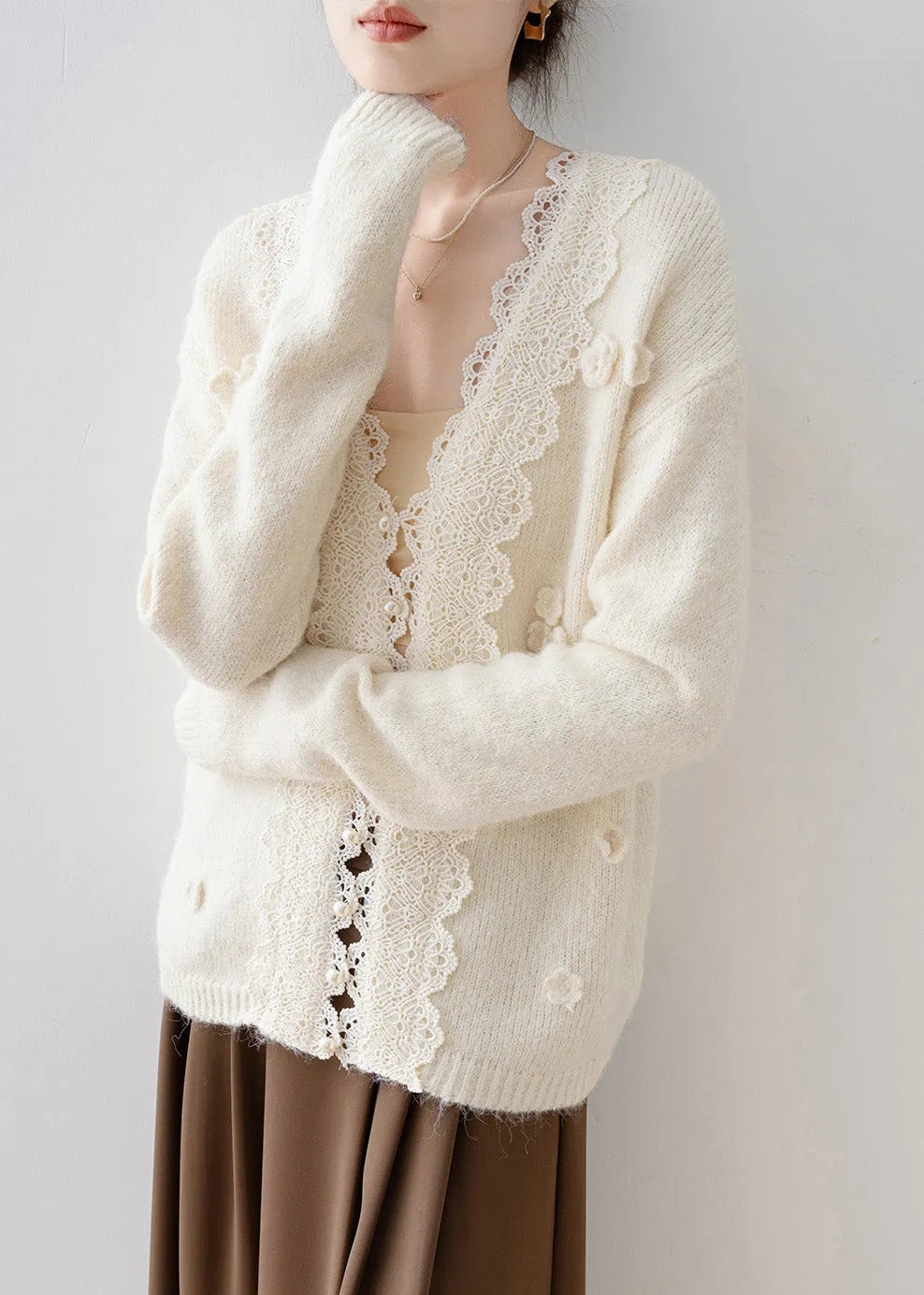 Beige V Neck Lace Button Knit Cardigan Spring