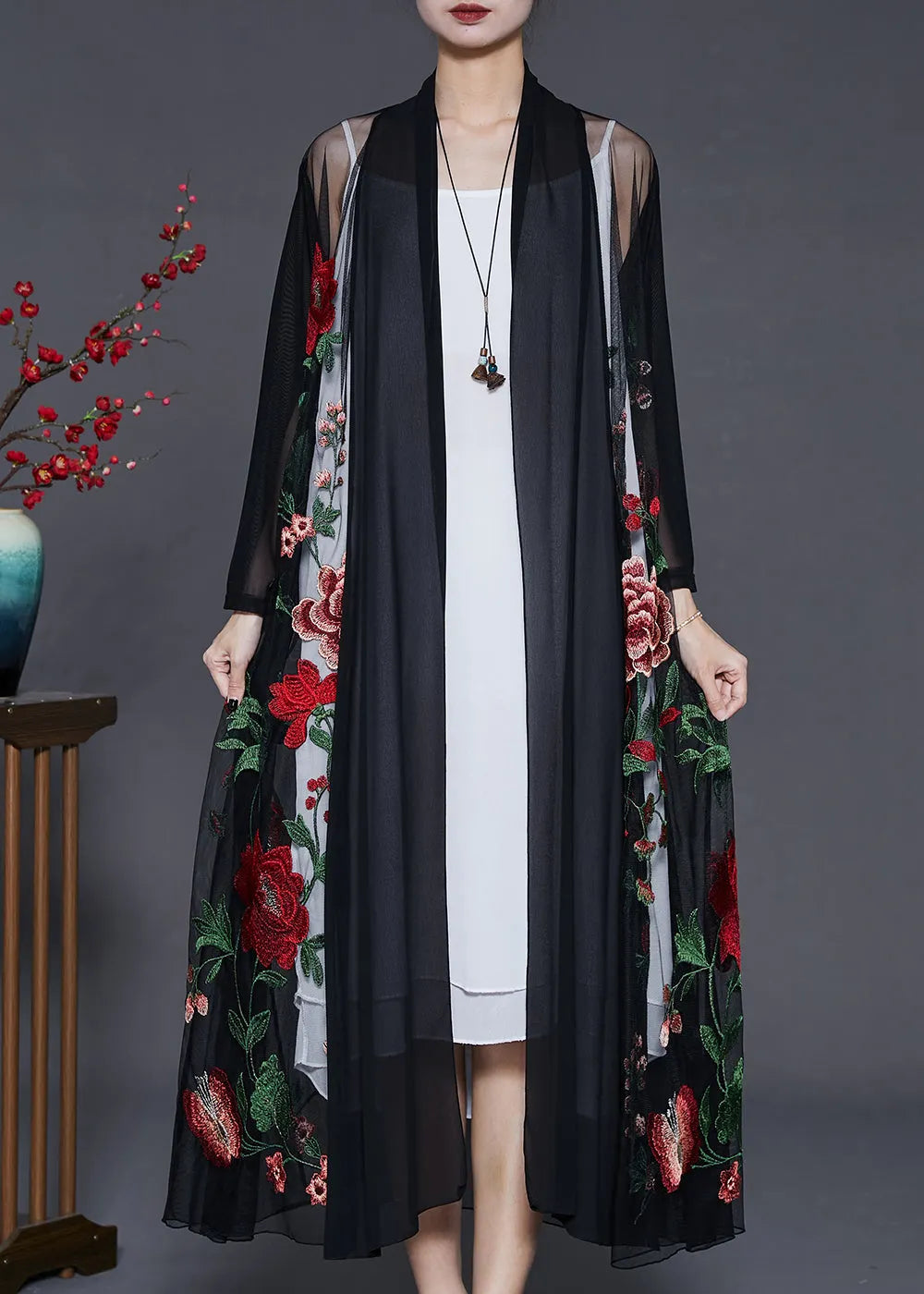 Classy Black Embroidered Tulle Loose Cardigan Summer
