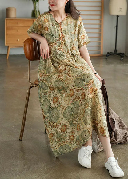 Classy Khaki Button Tie Waist Print Fall Maxi Dress Half Sleeve