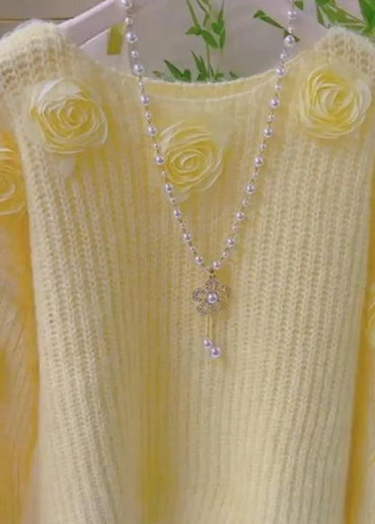 French Pink O Neck Decorated Knit Pullover Spring