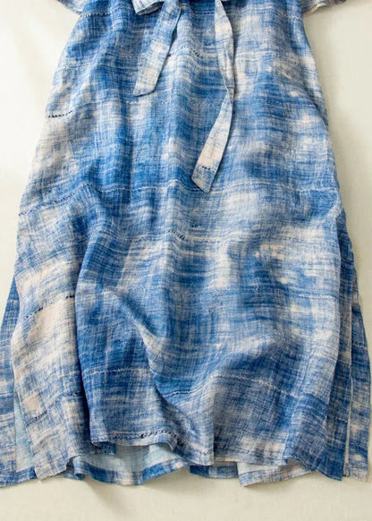 Classy Blue Tie Dye Side Open Tie Waist Linen Long Dresses Summer