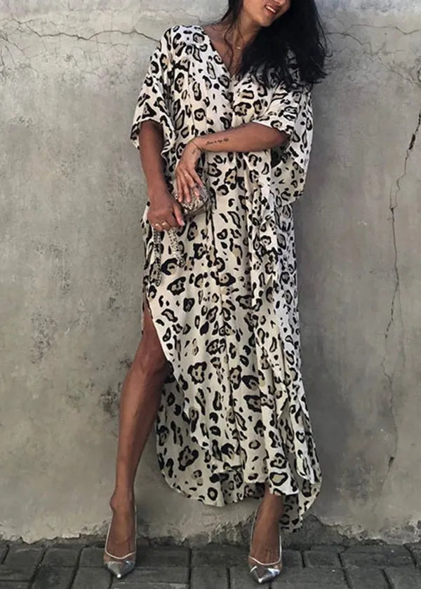 Loose Leopard V Neck Print Side Open Cotton Long Dress Summer