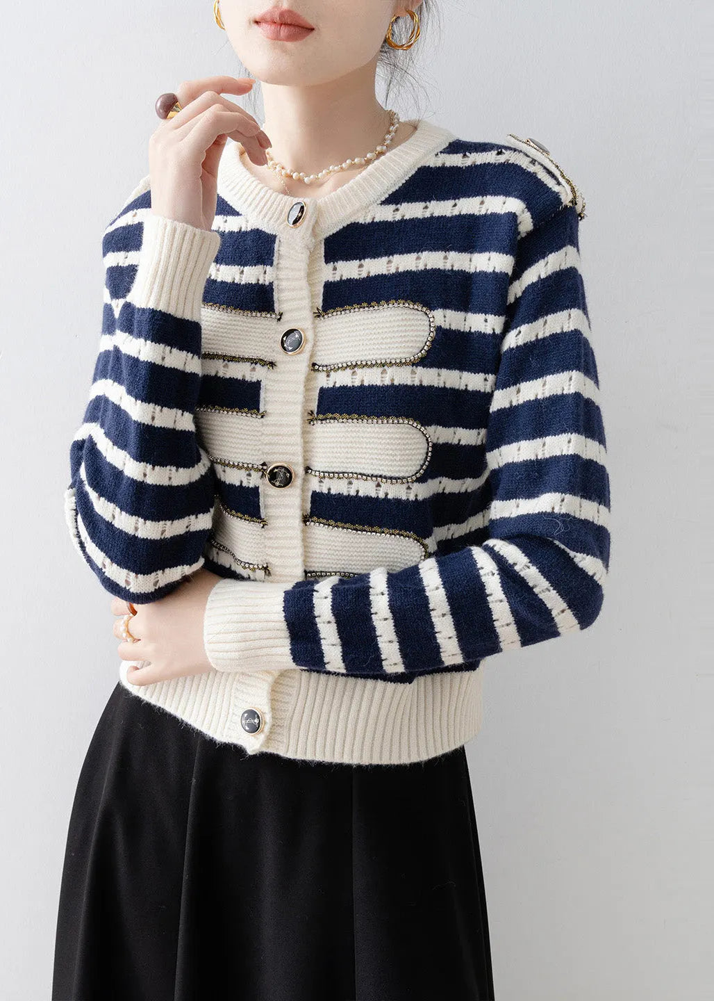 Navy O-neck Striped Knit Cardigan Spring