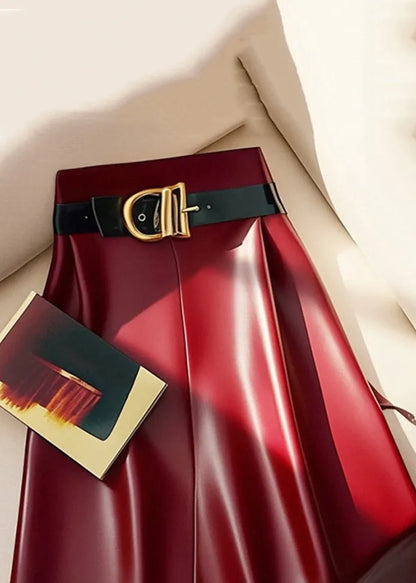 Stylish Red Sashes High Waist Faux Leather Skirts Winter