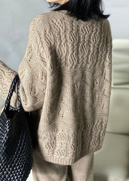 Khaki O-neck Oversized Thick Hollow Out Knitted Tops Winter