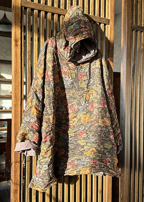 Yellow Hooded Print Linen Top Long Sleeve
