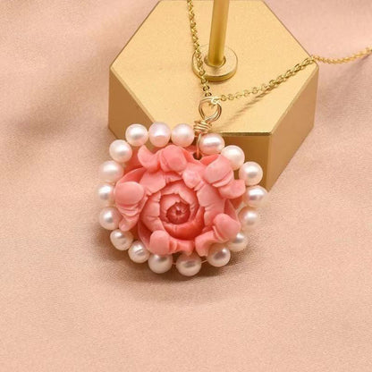 Stylish Red Sterling Silver Overgild Pearl Pendant Necklace