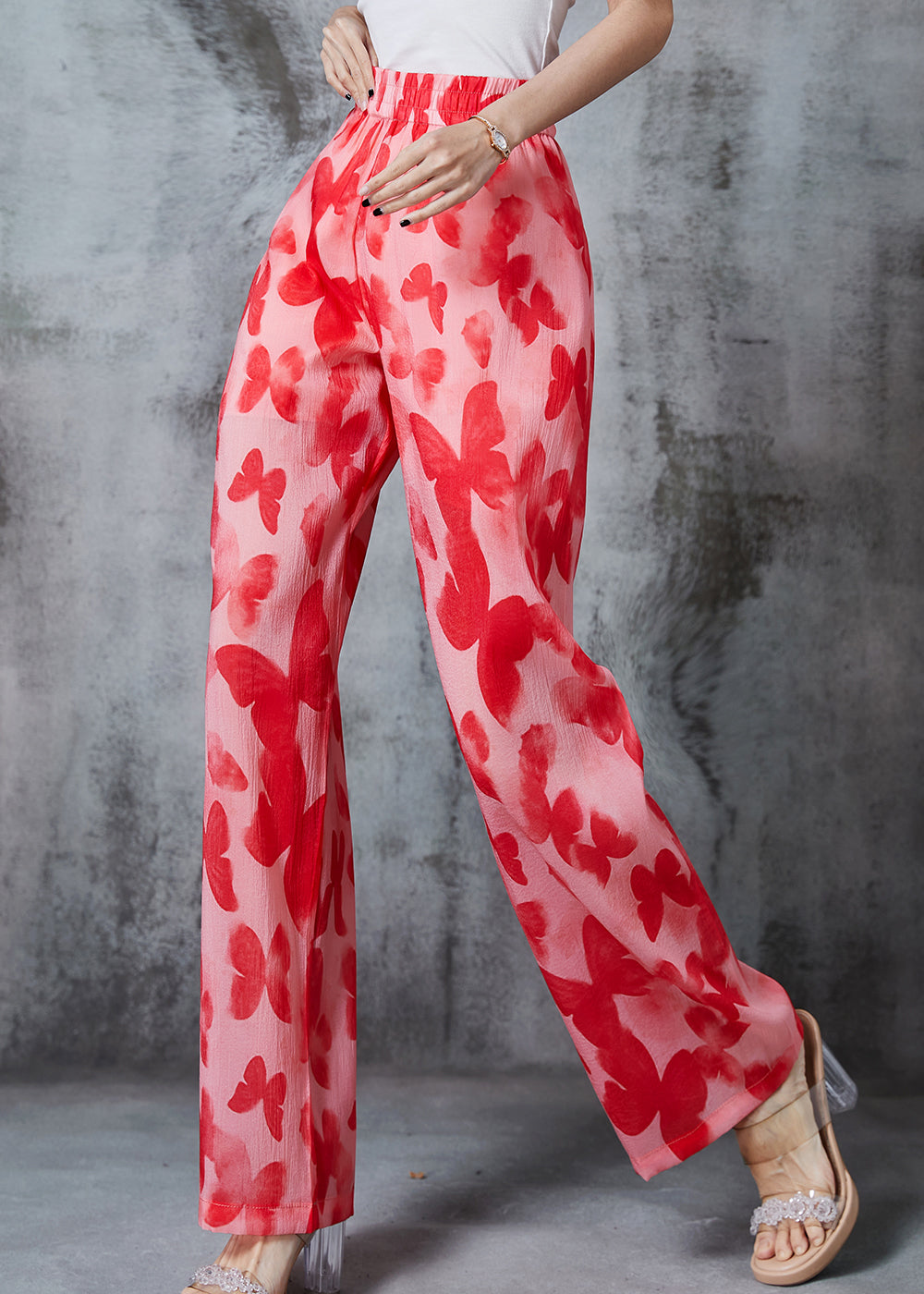 Red Print Silk Straight Pants Summer