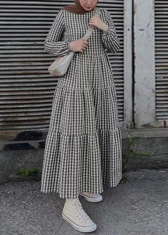 Simple Green Plaid Cotton Maxi Dresses Spring