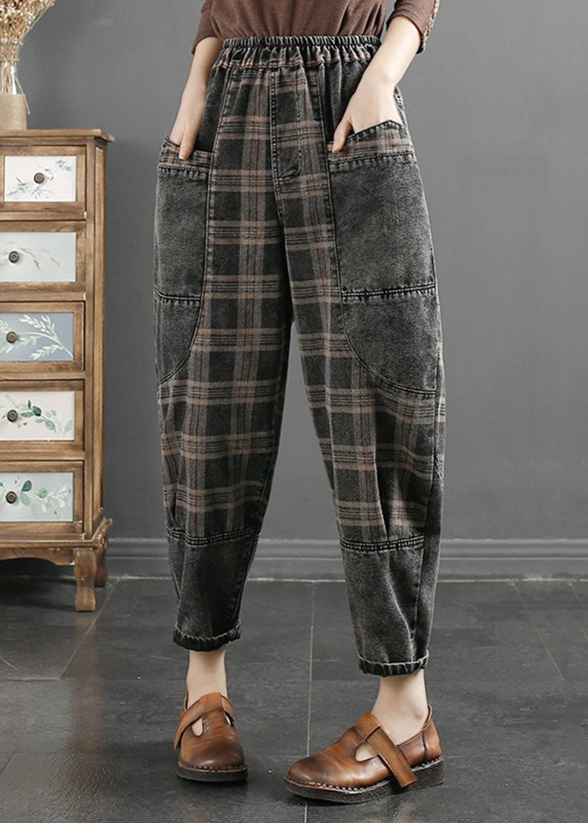 Grey Striped Plaid Patchwork Elastic Waist Crop Pants Fall