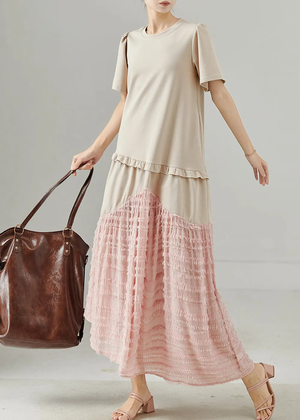 Apricot Ruffled Patchwork Cotton Maxi Dress Summer