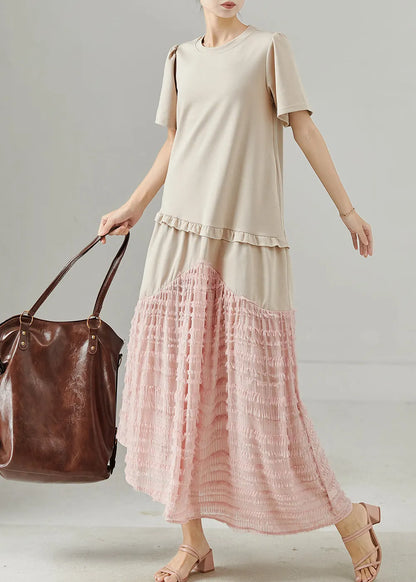 Apricot Ruffled Patchwork Cotton Maxi Dress Summer