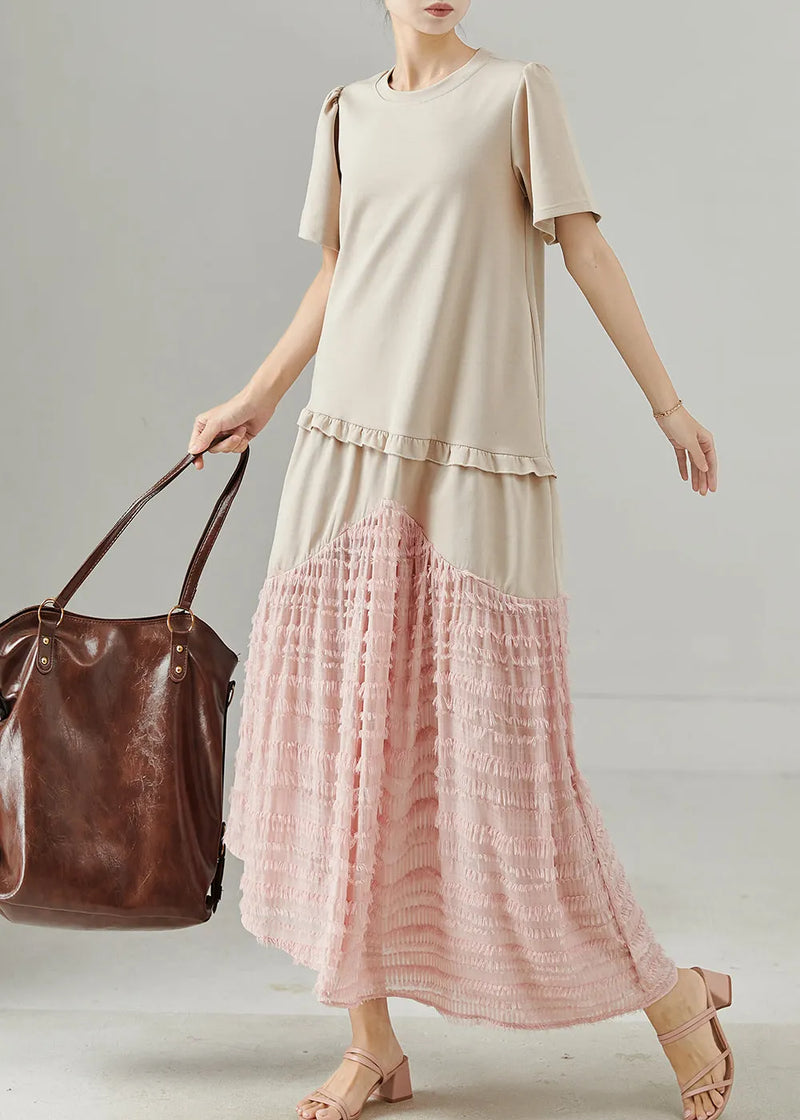Apricot Ruffled Patchwork Cotton Maxi Dress Summer