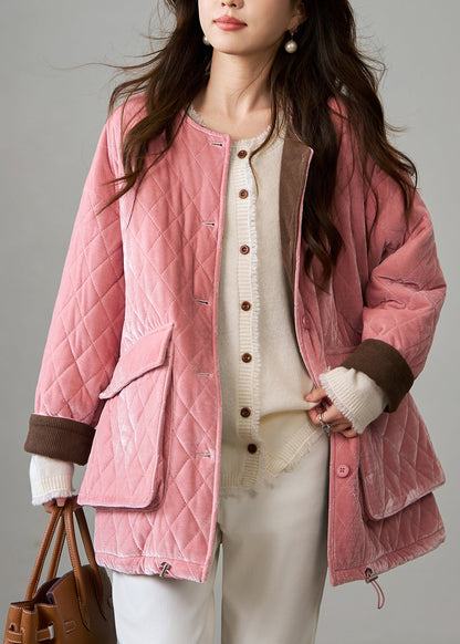 Pink Plaid Fine Cotton Filled Silk Velvet Jackets Winter