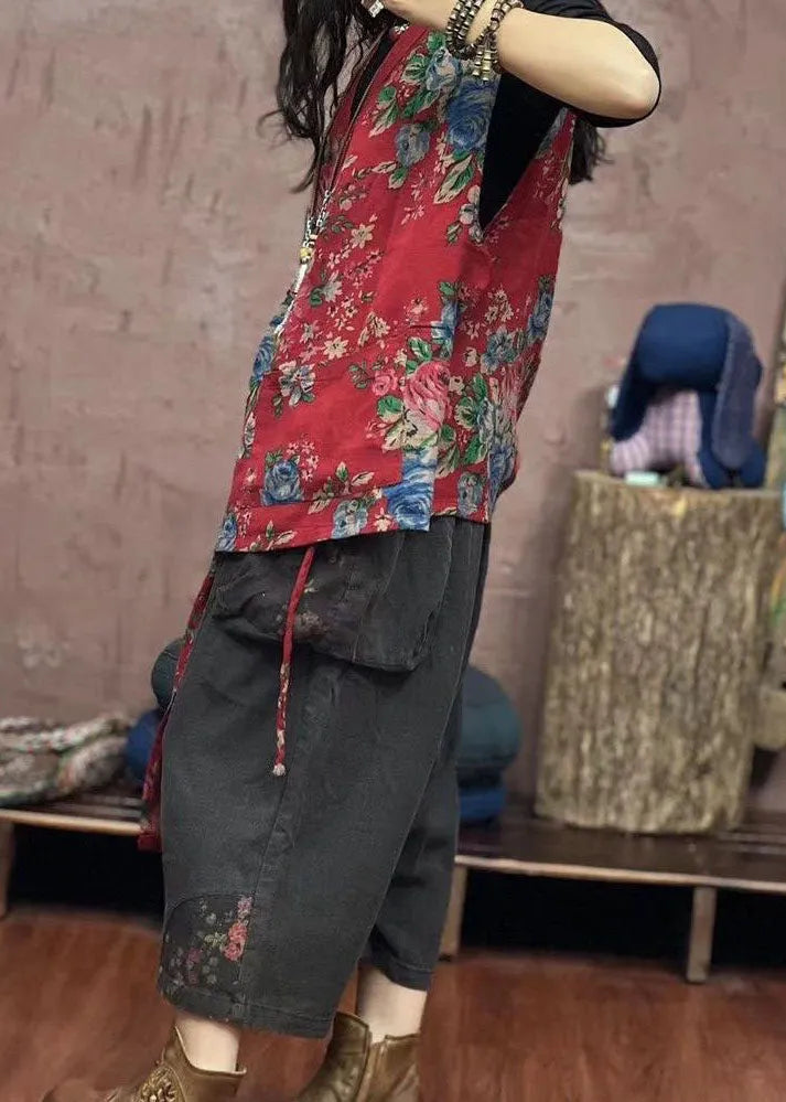 Red Asymmetrical Print Patchwork Cotton Waistcoat Sleeveless