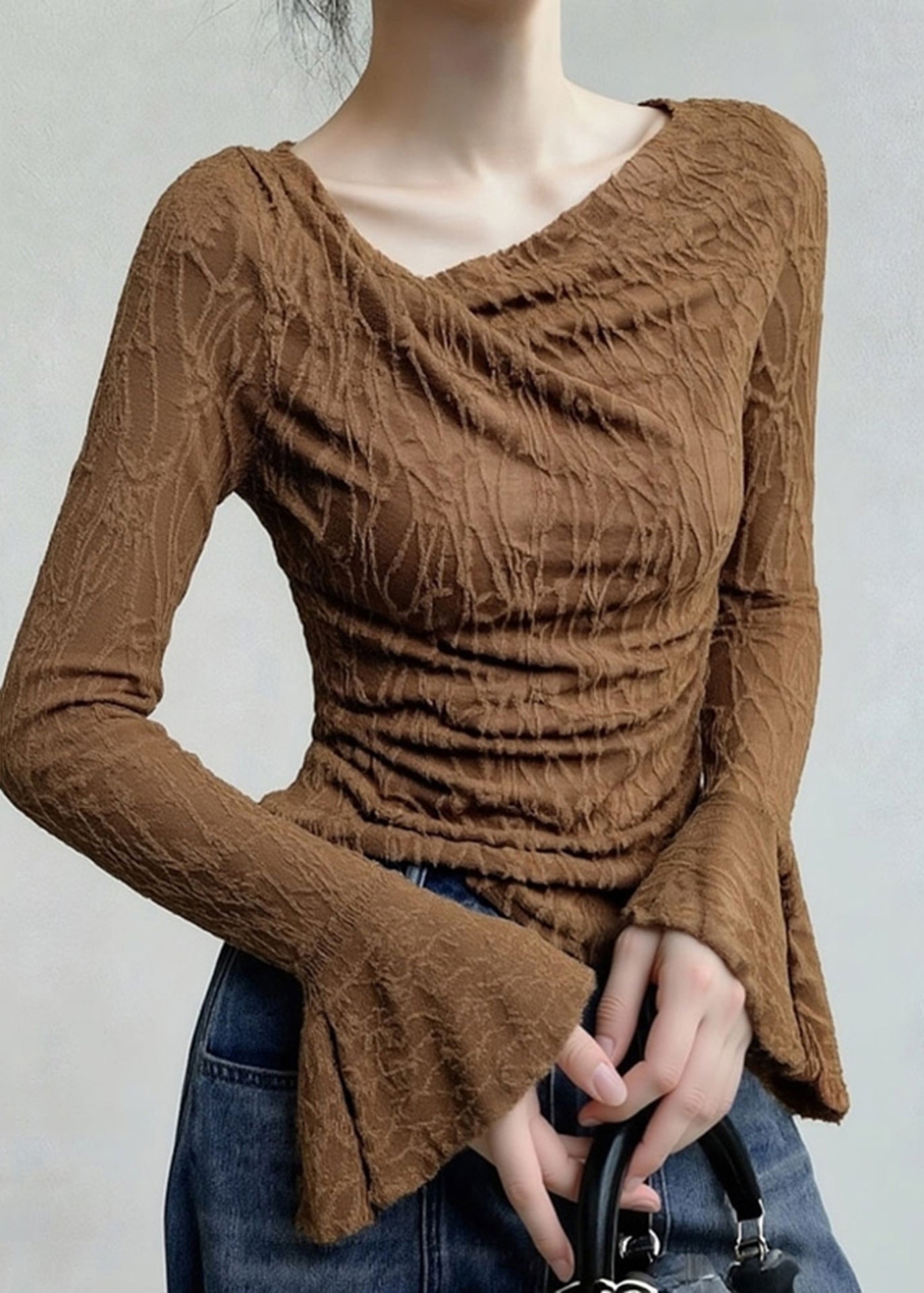 Coffee Asymmetrical Print T Shirt Flare Sleeve