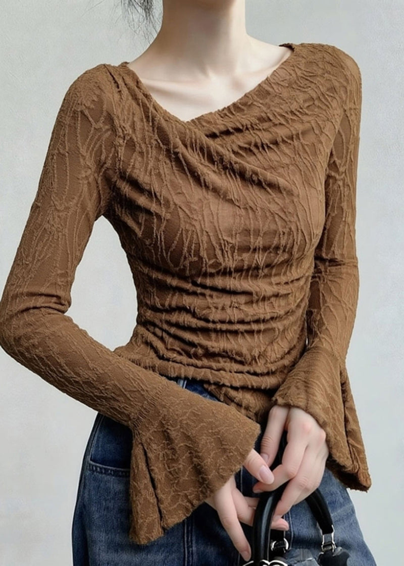 Coffee Asymmetrical Print T Shirt Flare Sleeve