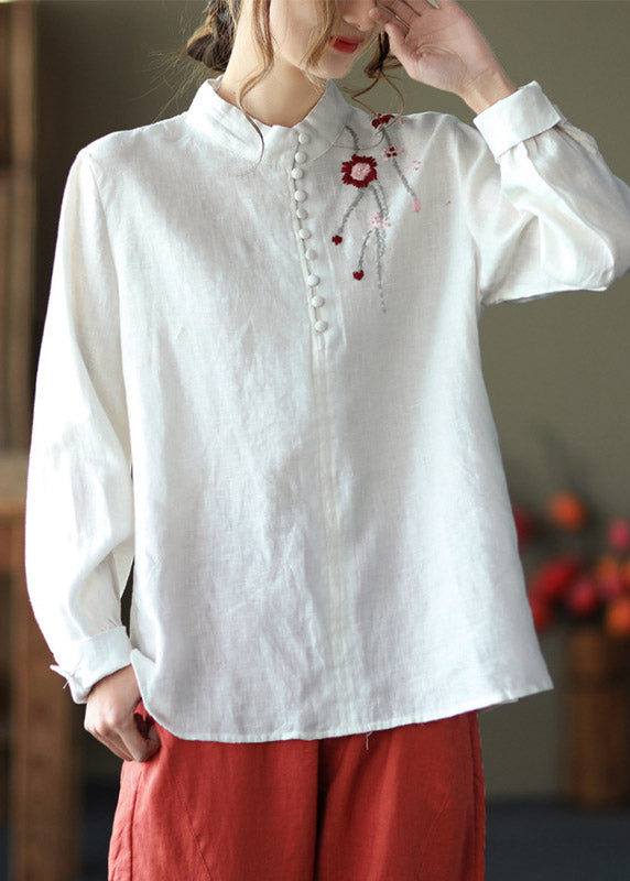Navy Stand Collar Embroidered Button Linen Shirts Long Sleeve