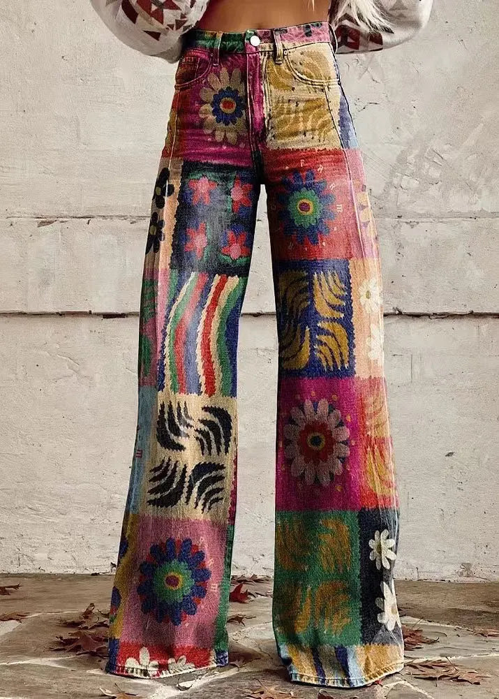 Blue Print Pockets Denim Wide Leg Pants Spring