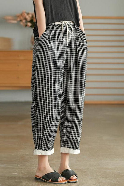 Cotton Linen Plaid Cinched Pocket Pants