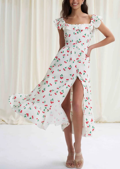 Fine White Ruffled Print Side Open Cotton Dress Summer