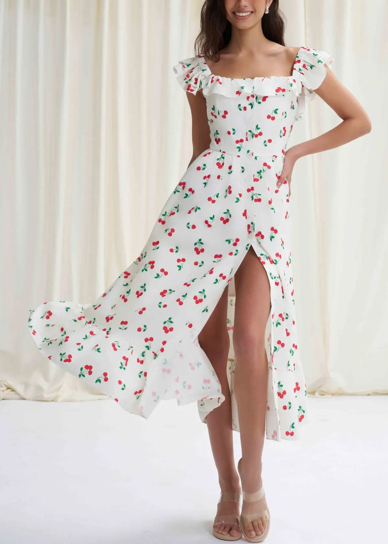 Fine White Ruffled Print Side Open Cotton Dress Summer