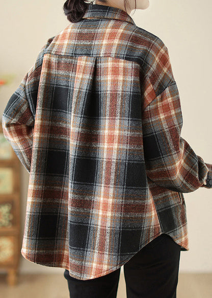Loose Peter Pan Collar Plaid Warm Fleece Shirt Top Spring