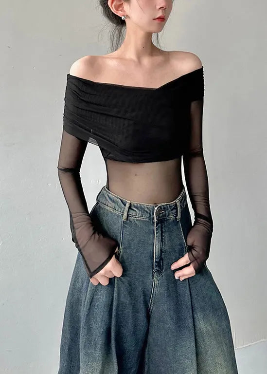 Black Cold Shoulder Tulle Blouse Tops Fall