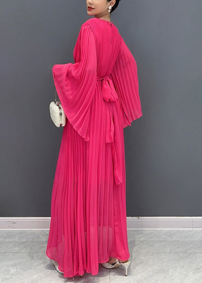 Rose Wrinkled Tie Waist Chiffon Maxi Dresses Flare Sleeve