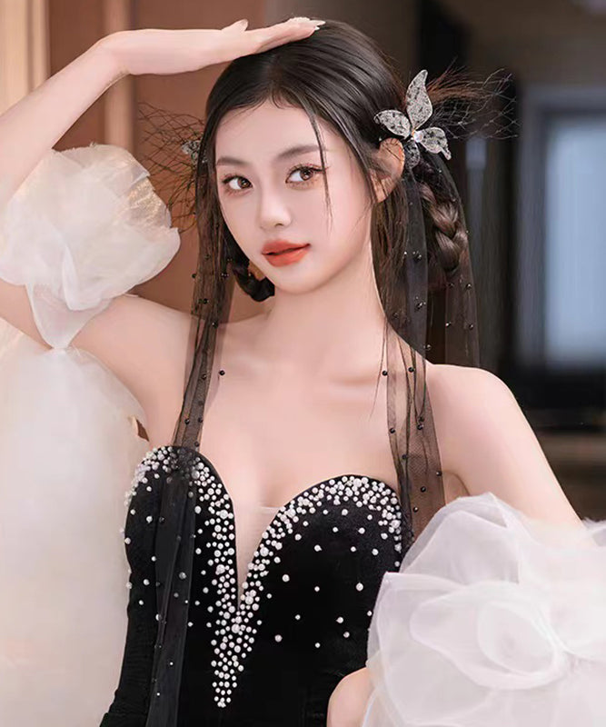Fine Black Tulle Butterfly Ribbon a Pair Hairpin