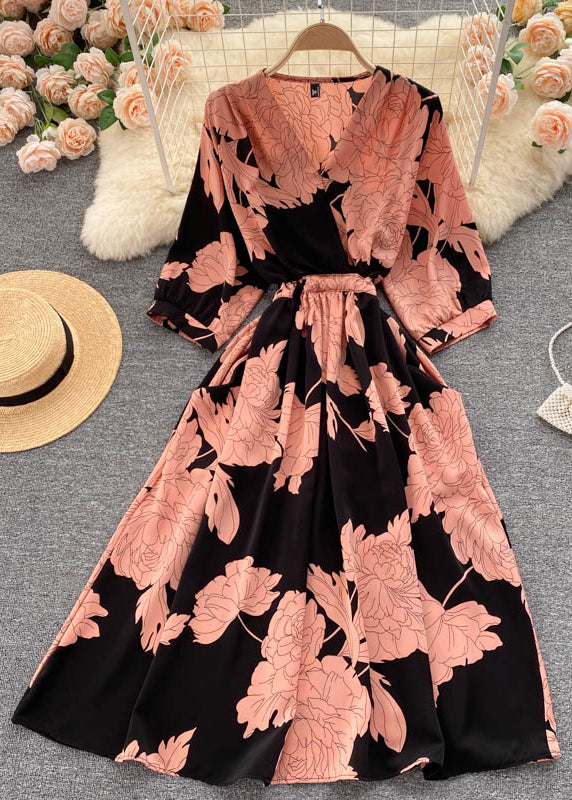Black V Neck Print Chiffon Dresses Half Sleeve