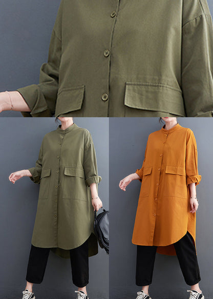 Army Green Pockets Cotton Shirts Coats Stand Collar Fall