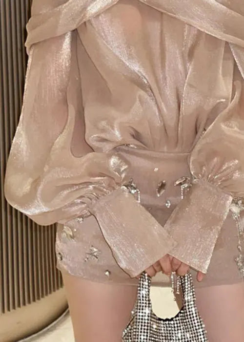 Champagne Color Slash Neck Zircon Silk Mid Dress Fall