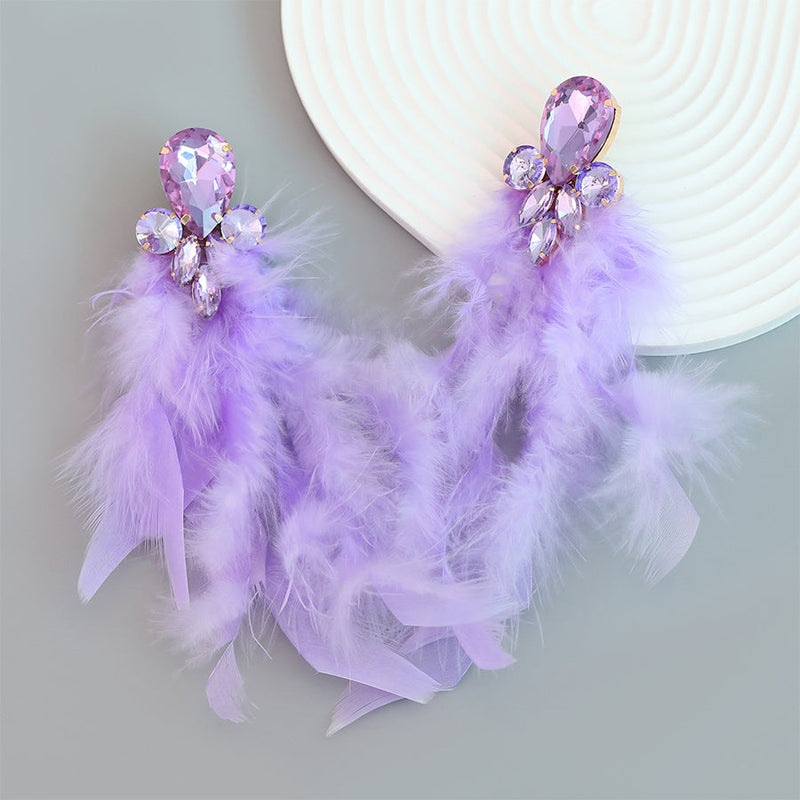 Alloy Inlaid Tassel Long Feather Earrings