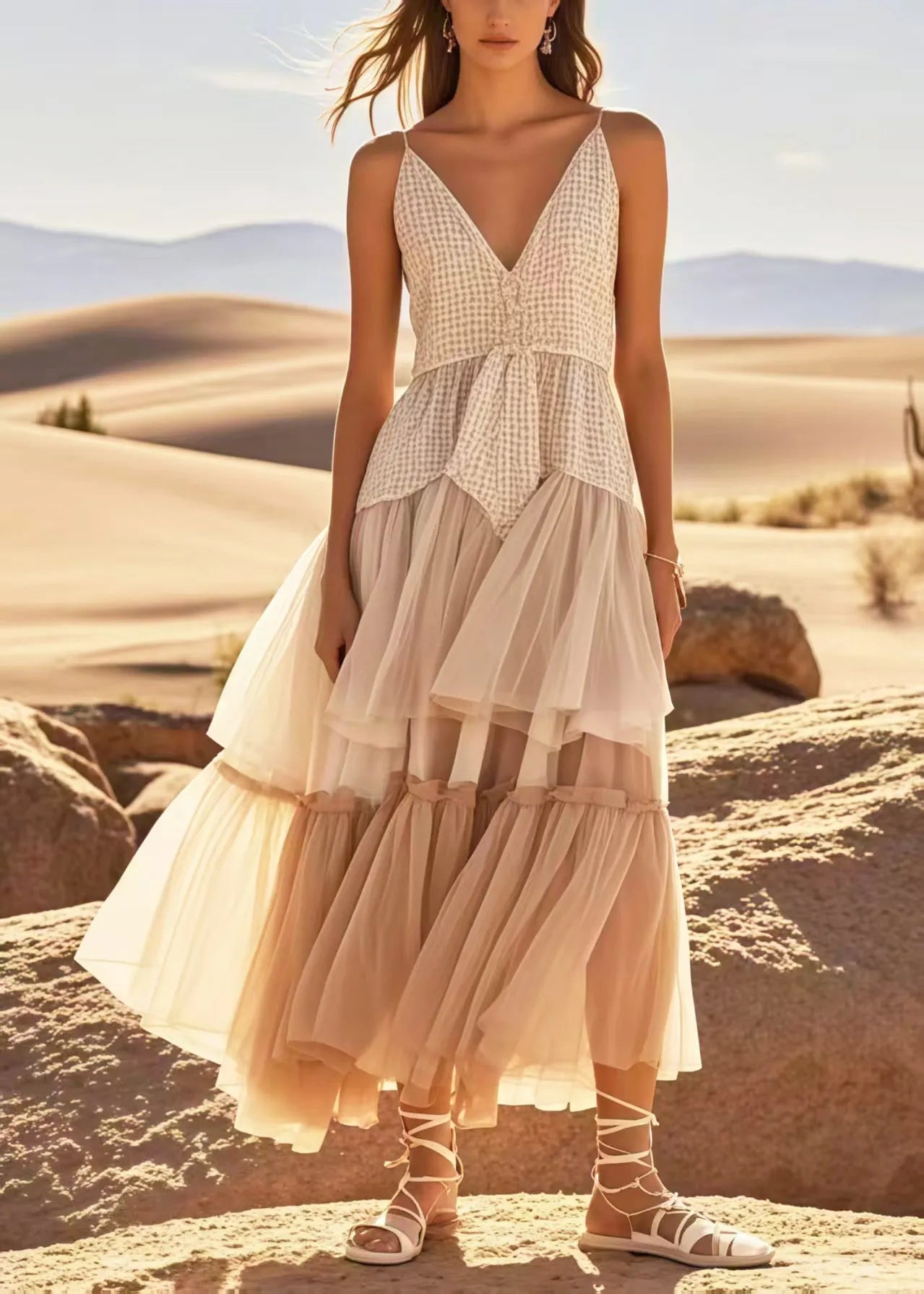 Apricot Exra Large Hem Patchwork Tulle Sundress Summer