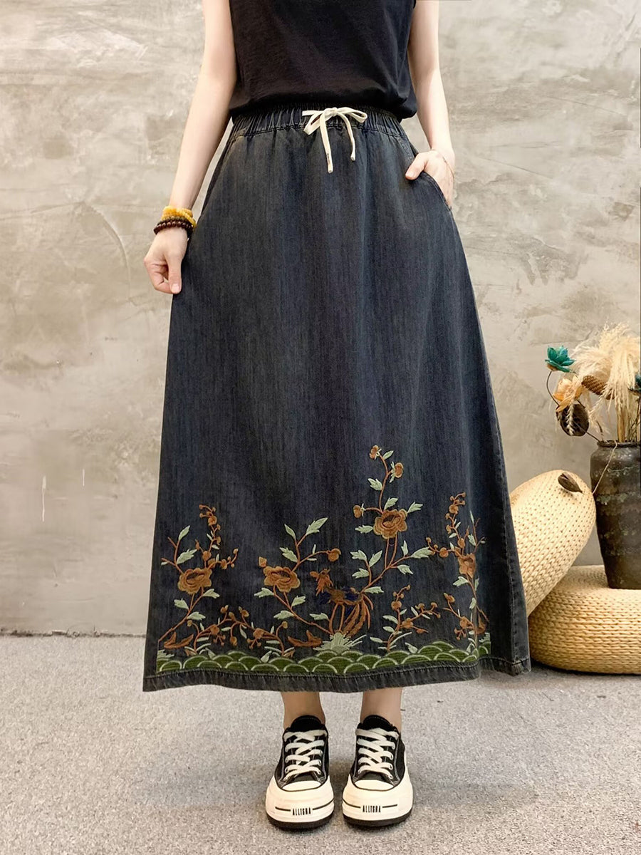 Summer Artsy Flower Embroidert Denim Skirt