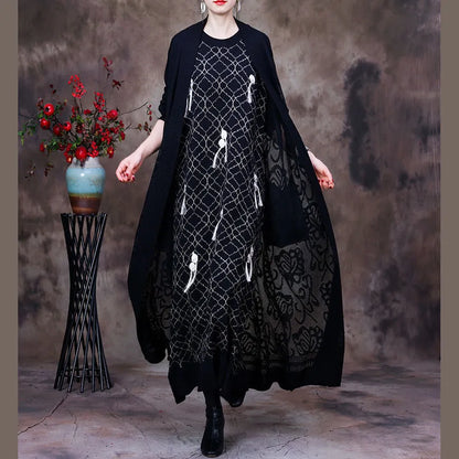 Black Hollow Out Knit Linen Cardigans Long Sleeve