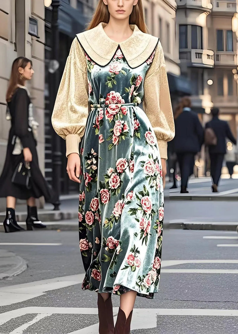 Beige Peter Pan Collar Patchwork Silk Velvet Dresses Spring